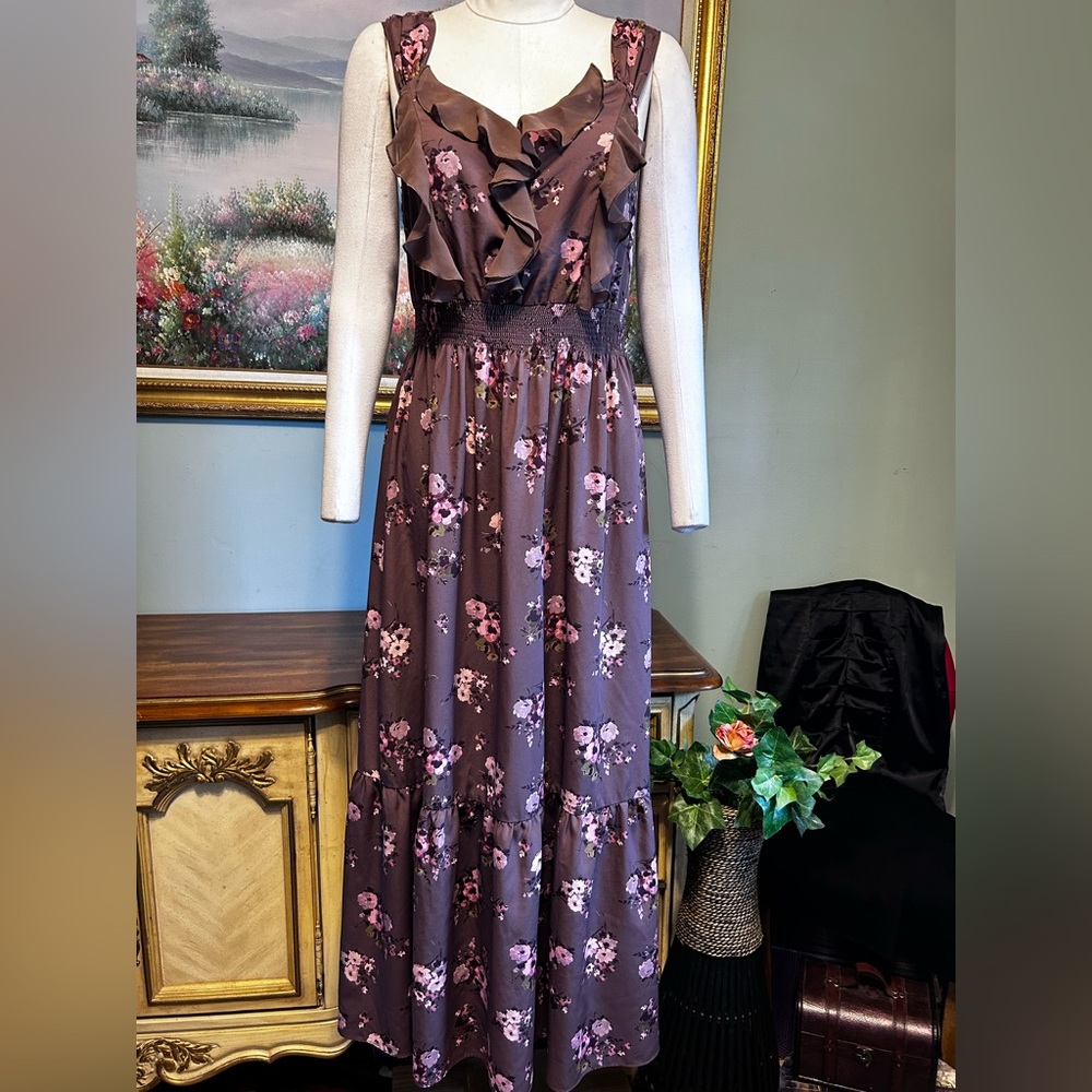 Lauren Conrad Long Pink Plum Purple Floral Chiffon Ruffle Sleeveless Maxi  Dress - Picture 4 of 9